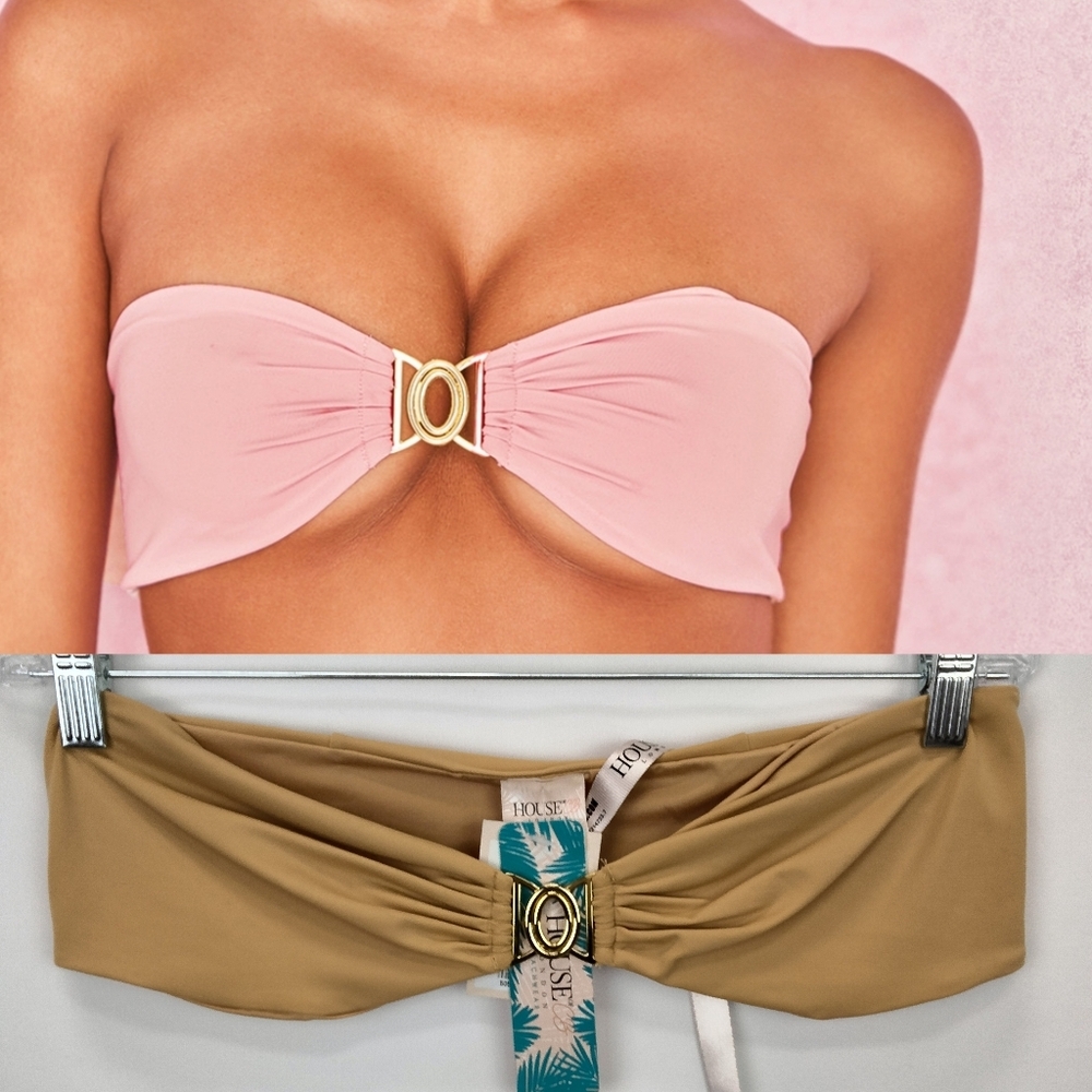 NWT House of CB London Miyako Strapless Bandeau Bikini Top in Pale Gold Sz. Lg